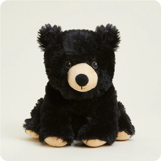 Warmies Black Bear plush toy with soft black fabric and embroidered eyes, designed for warmth and comfort.