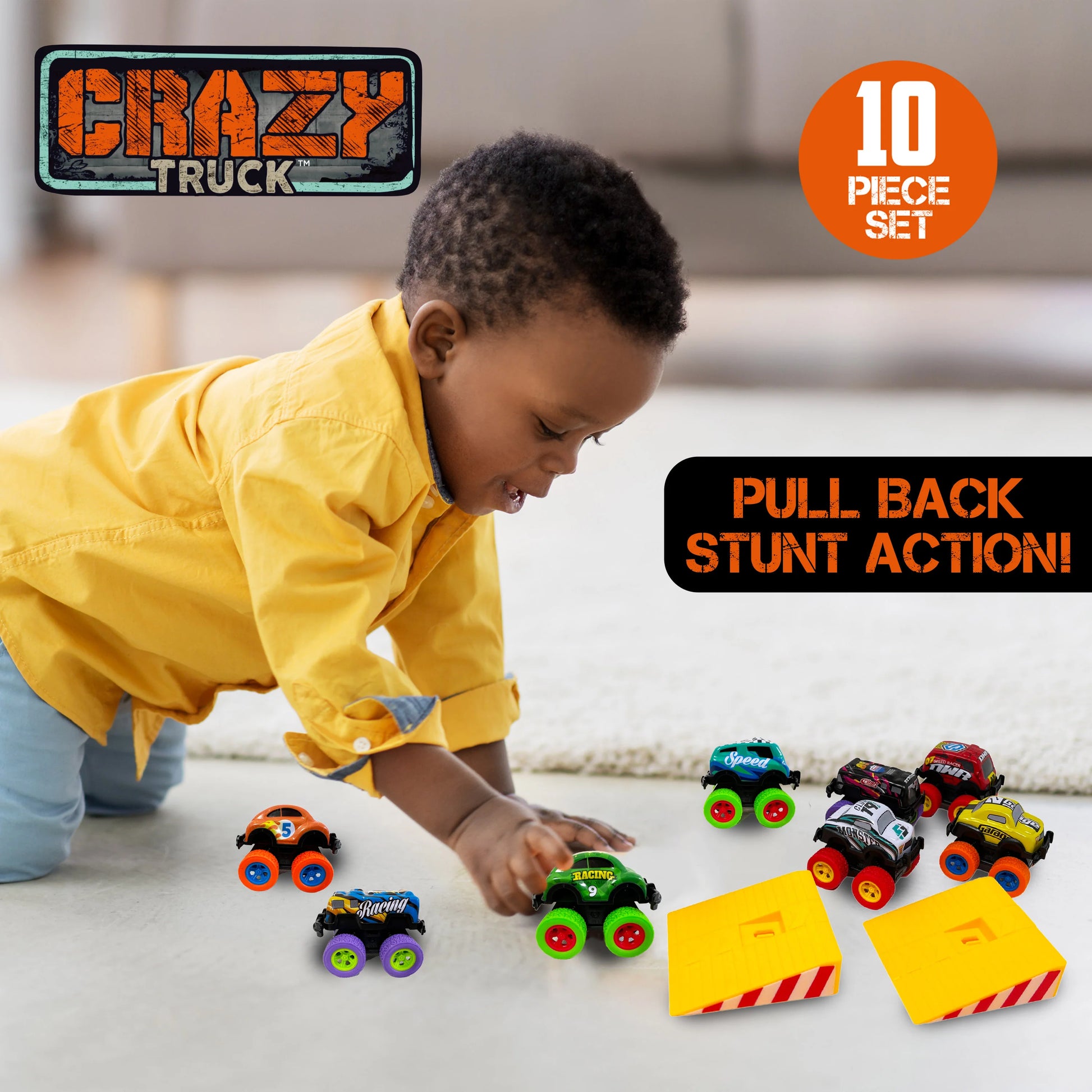 Set of 10 die cast pull-back toy trucks by Thin Air Brands, featuring colorful miniature trucks for kids.