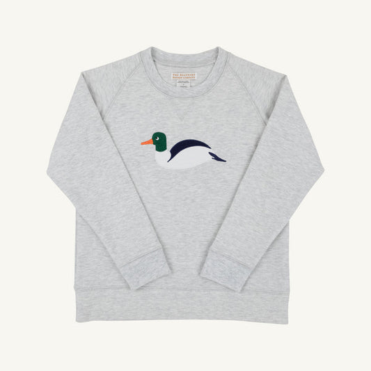 Gray heathered Cassidy comfy crewneck sweater by The Beaufort Bonnet Company featuring duck embroidery design.