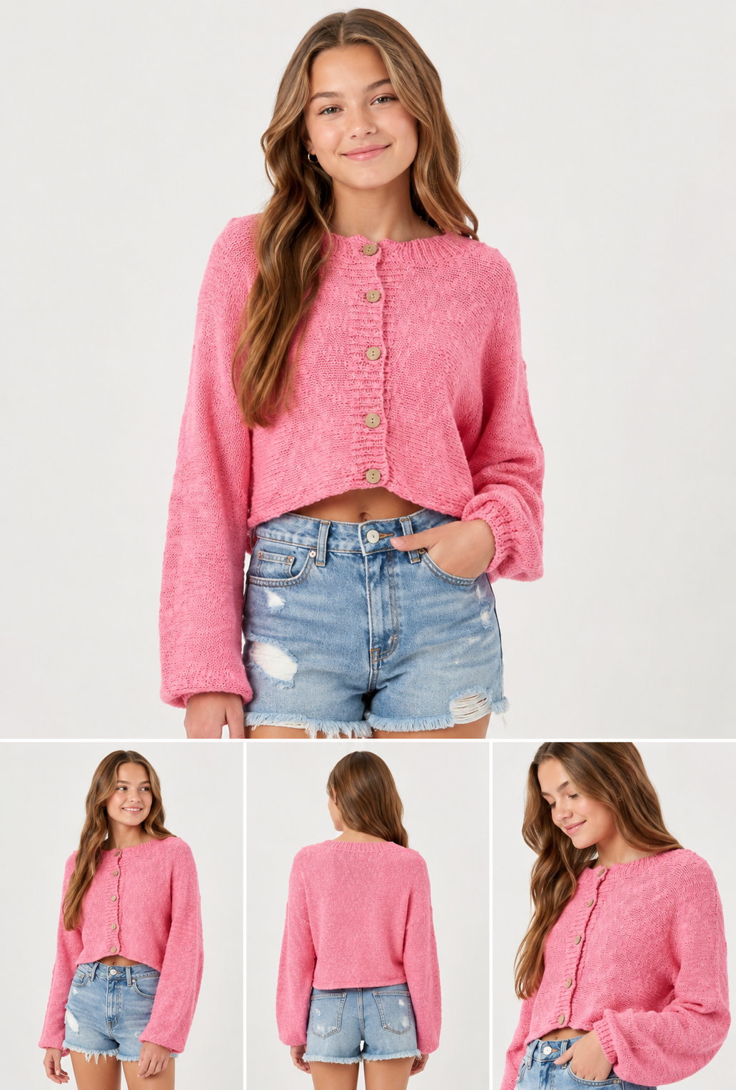 Pink knit cardigan by Peach Love California, featuring cozy, lightweight fabric and a stylish, casual fit.