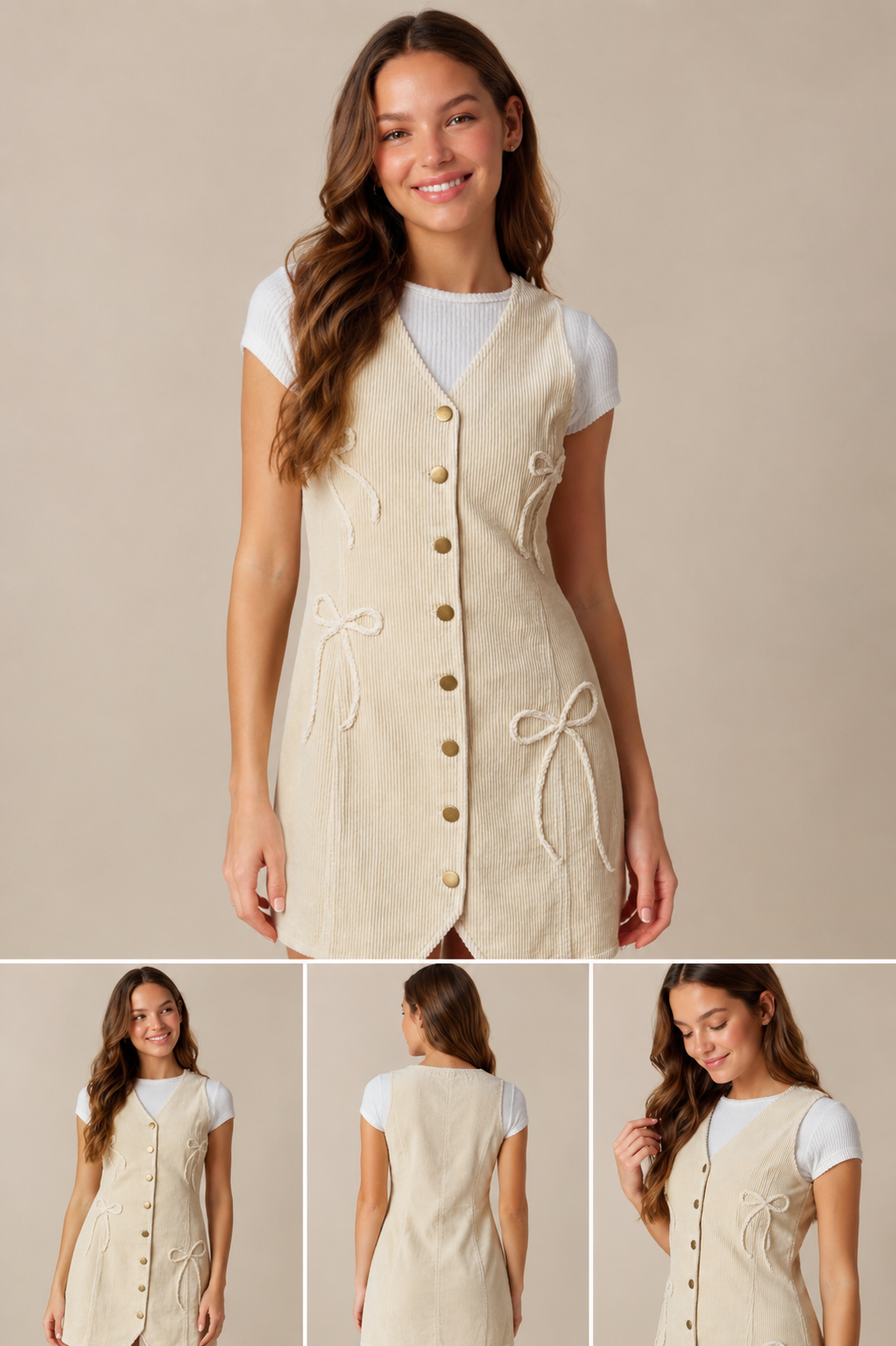 Cream corduroy button jumper by Peach Love California featuring a cozy, textured fabric and classic button details.