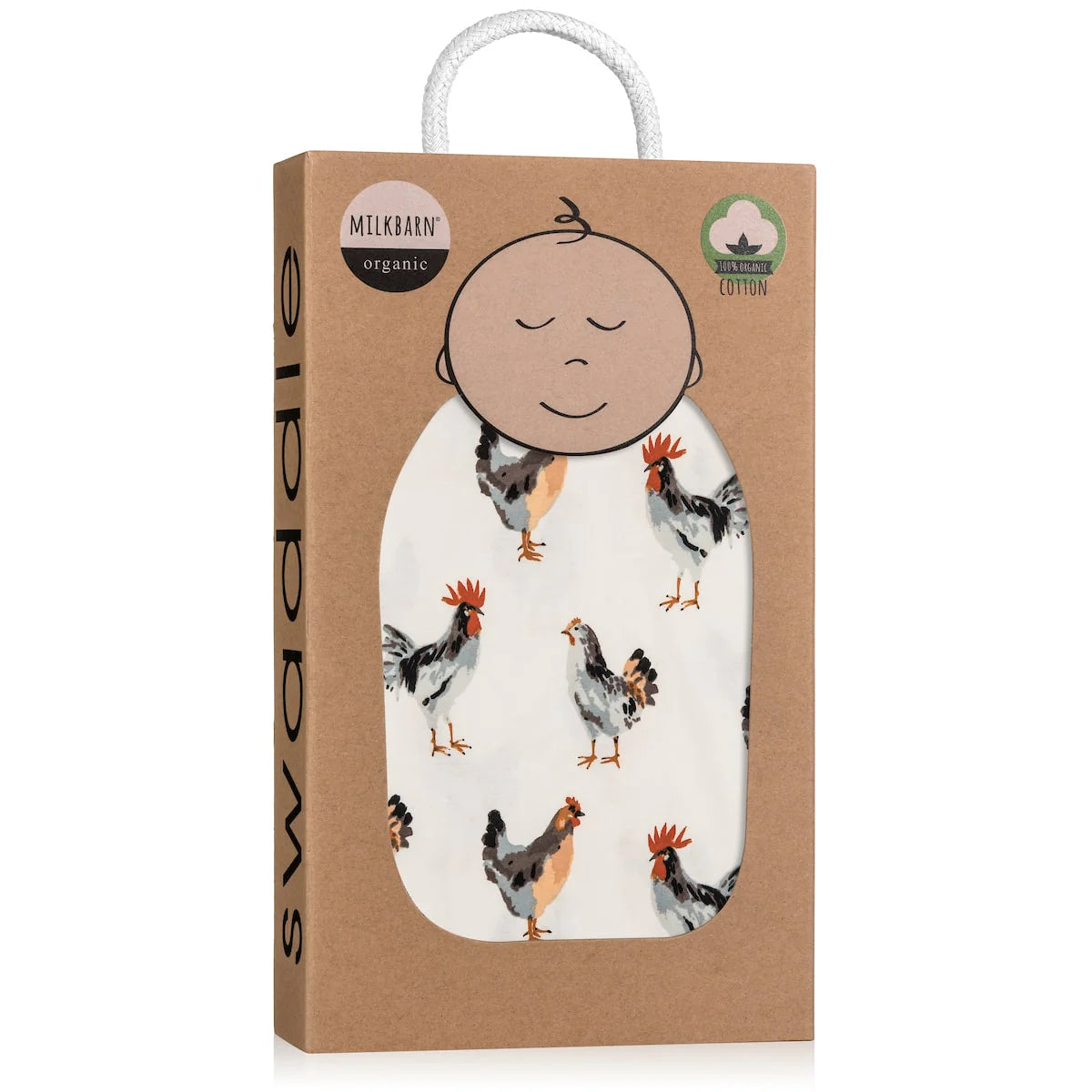 Organic chicken swaddle blanket by Milkbarn featuring soft, cozy fabric with a cute chicken design for babies.