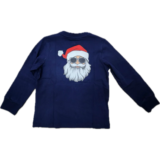 Coolybri Asher Pima cotton navy Santa graphic long-sleeve T-shirt with pocket, featuring festive holiday design.