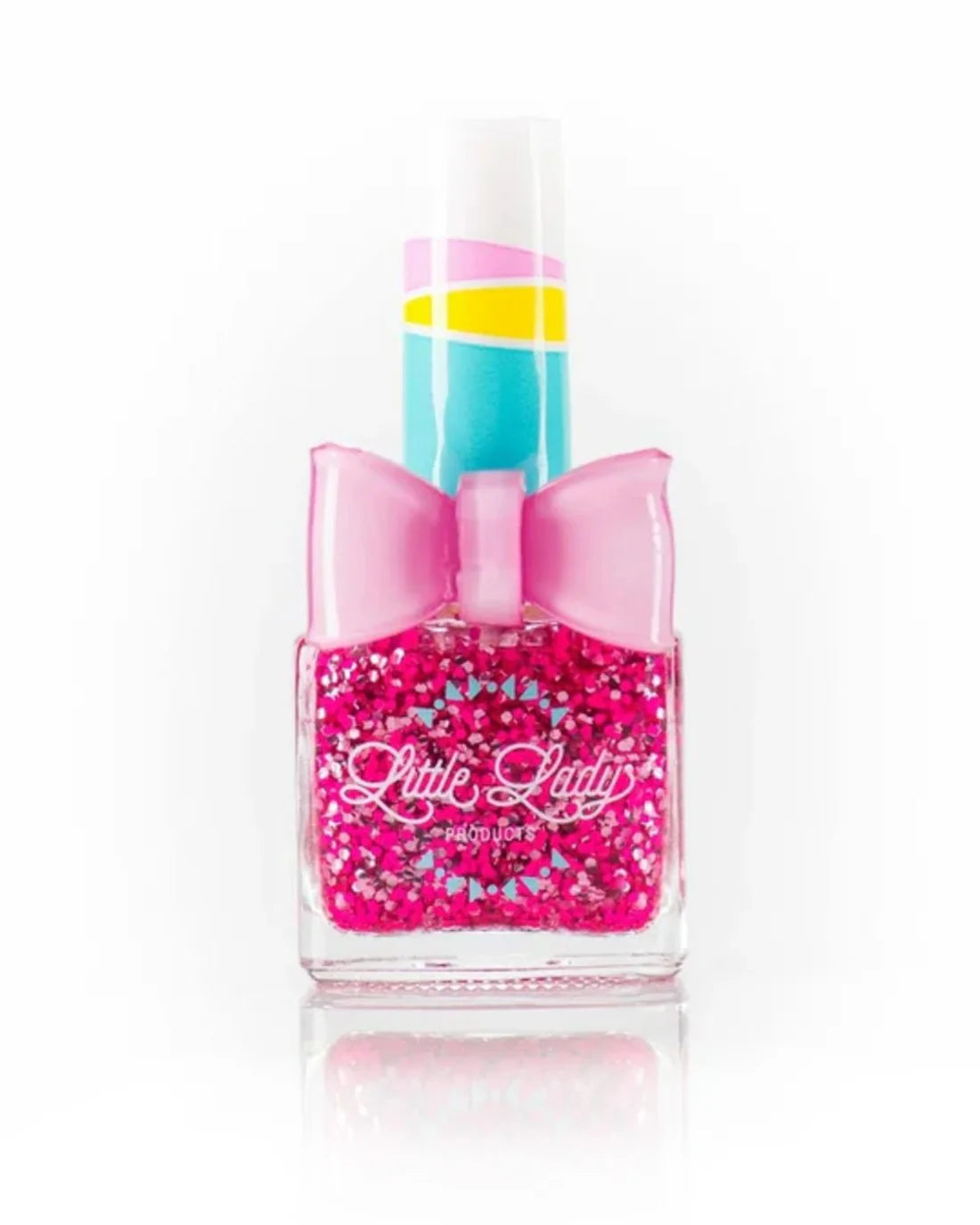Little Lady kid-safe scented nail polish in Cotton Candy Crush color, showing a playful pink bottle and vibrant nail polish inside.
