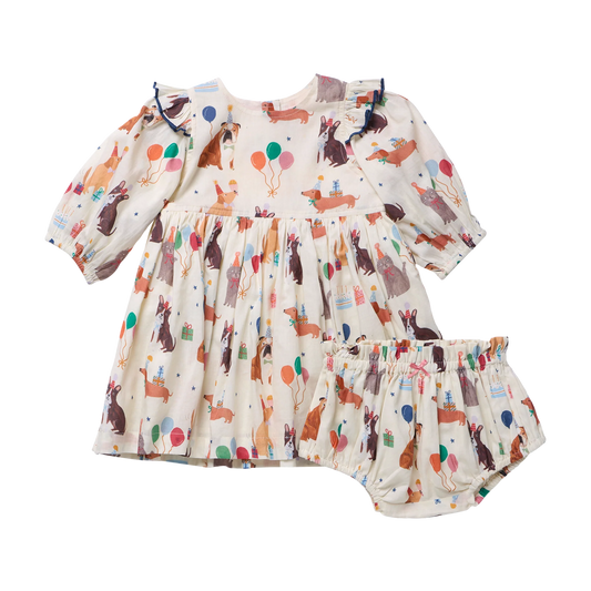 Baby girls' pink Brooke dress from Party Pets by Pink Chicken, featuring a cute, sleeveless design with floral accents.