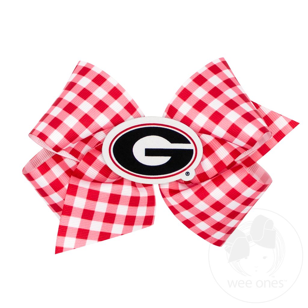 Georgia collegiate gingham hair bow with logo patch by wee ones, featuring a red and white checked pattern and fabric bow design.