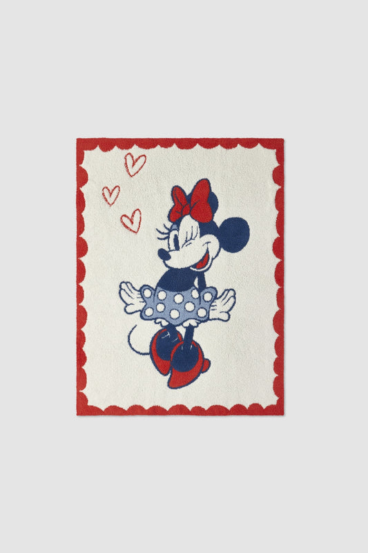 Barefoot Dreams CozyChic Disney Minnie Love stroller blanket in cream with colorful Minnie Mouse design, open to show soft fabric.