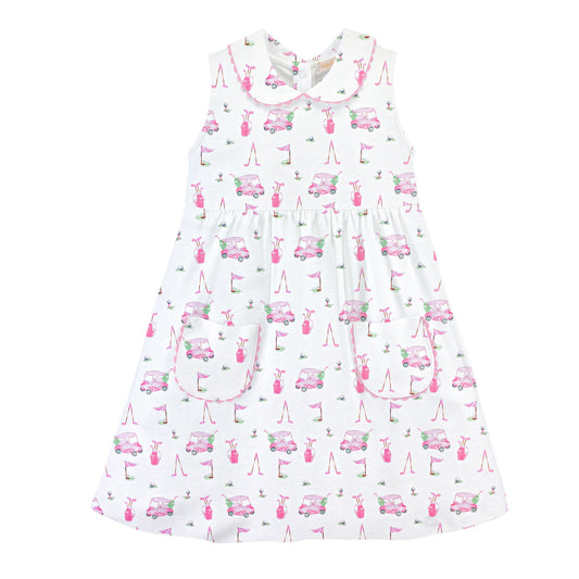 Baby Club Chic - Pink Golf Printed Dress with Collar and Pockets
