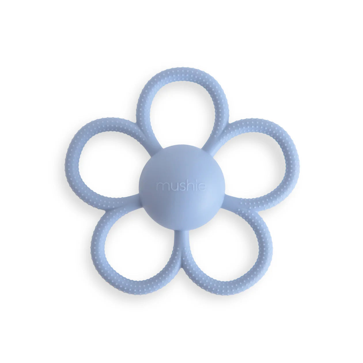 Mushie Daisy Rattle Teether in faded denim with soft fabric and a cheerful daisy design, suitable for soothing babies.
