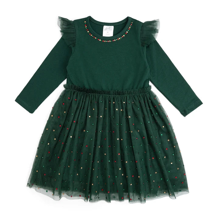 Emerald Rhinestone Christmas Long Sleeve Tutu Dress