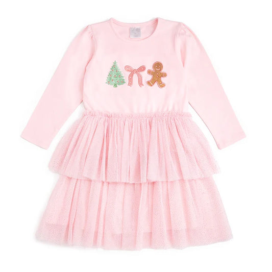 Sweet Wink gingerbread embroidered Christmas long sleeve tutu dress for girls with festive holiday design and soft fabric.