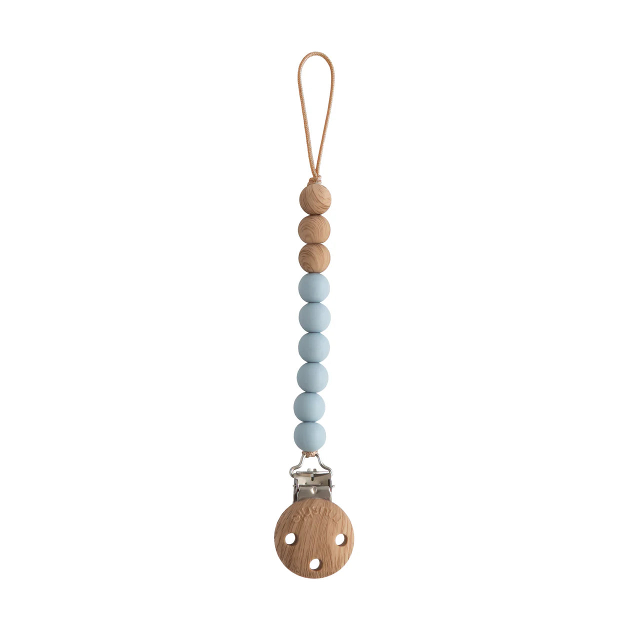 Eva silicone pacifier clip by Mushie with cloud design, featuring a soft silicone strap for securing pacifiers to baby clothing.