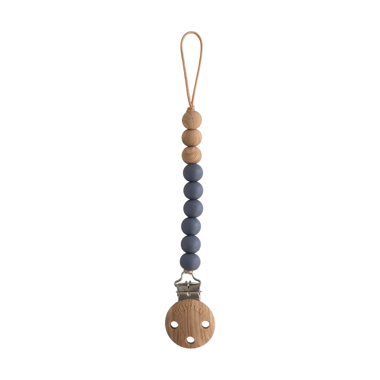Mushie silicone pacifier clip with Eva iron clasp, featuring a colorful silicone bead design for baby accessories.