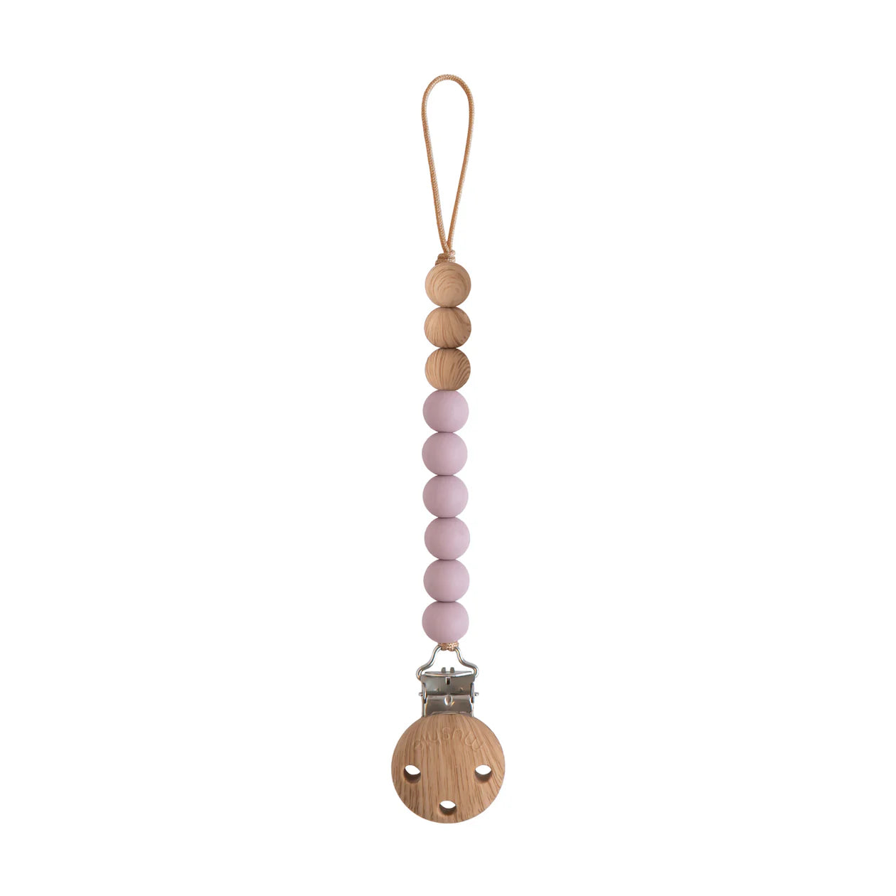 Mushie Silicone Pacifier Clip in mauve with pink silicone beads and clip, designed to keep pacifiers secure and within reach.