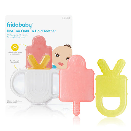 Frida Not-Too-Cold-To-Hold Teether, soft and textured silicone baby teething toy on a white background.