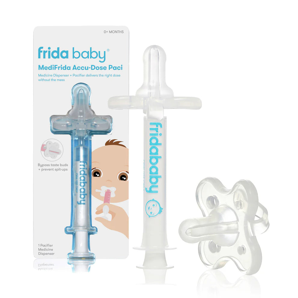 Frida MediFrida Accu-Dose Pacifier with adjustable dose chamber and soft silicone nipple for infants.
