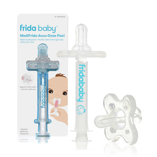 Frida MediFrida Accu-Dose Pacifier with adjustable dose chamber and soft silicone nipple for infants.