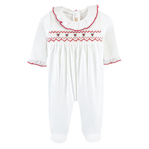 Baby Club Chic - Red Embroidered Smocked Ruffle Collar Footie