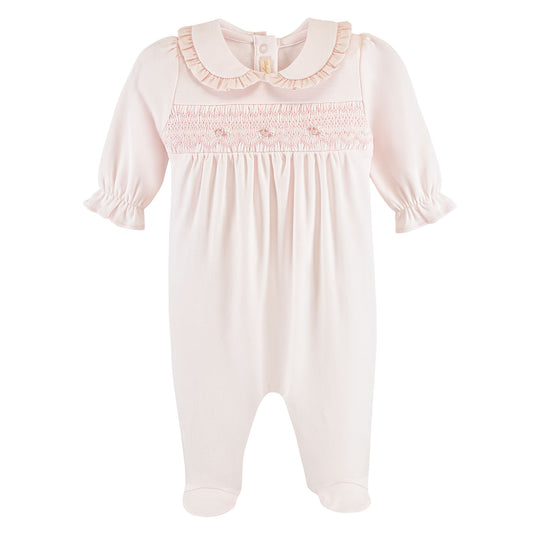 Baby Club Chic - Pink Embroidery Smocked Collared Footie