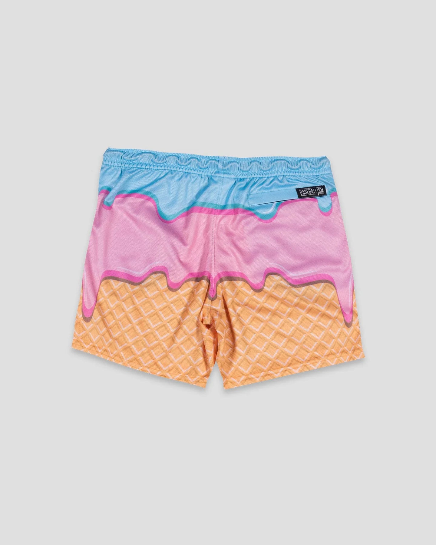 Youth baseball shorts featuring a frozen treats ice cream sundae flag design on breathable air mesh fabric by Baseballism.
