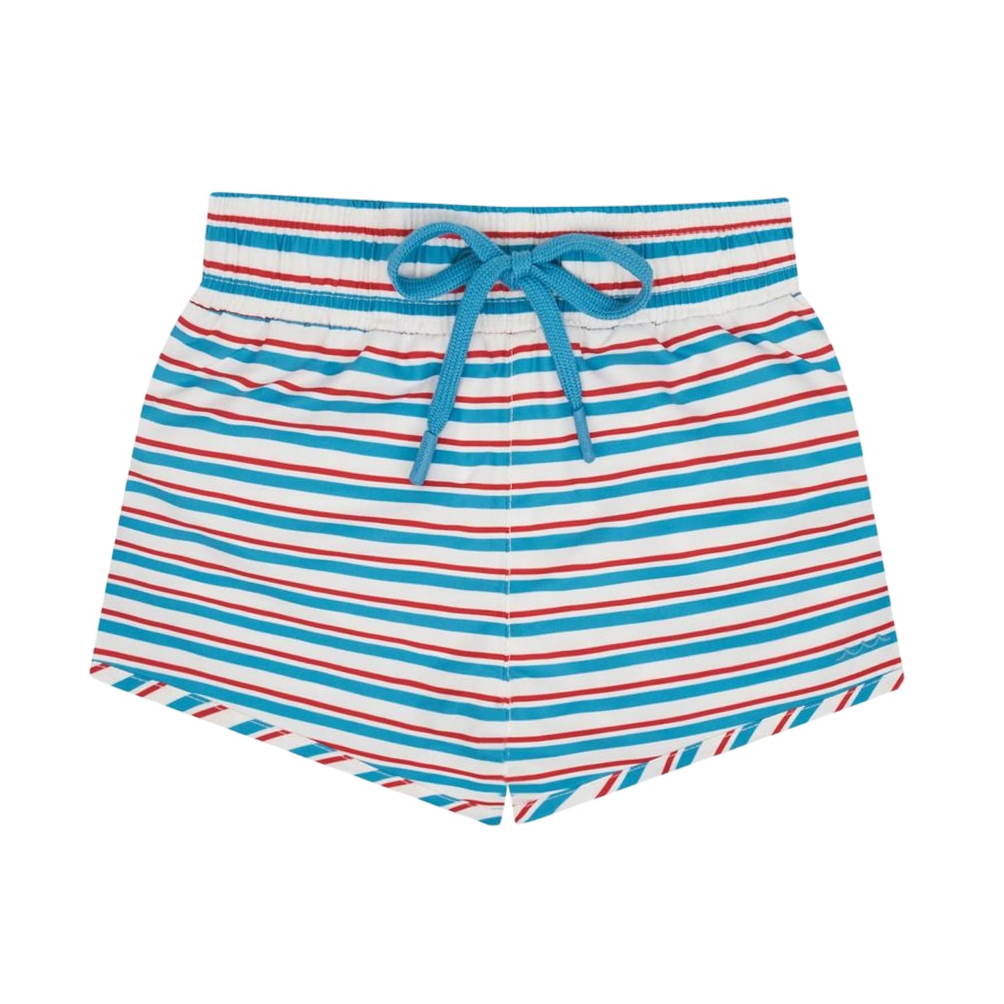 Boy wearing Minnow boys stripe boardie swim trunks, featuring colorful horizontal stripes and a comfortable fit.