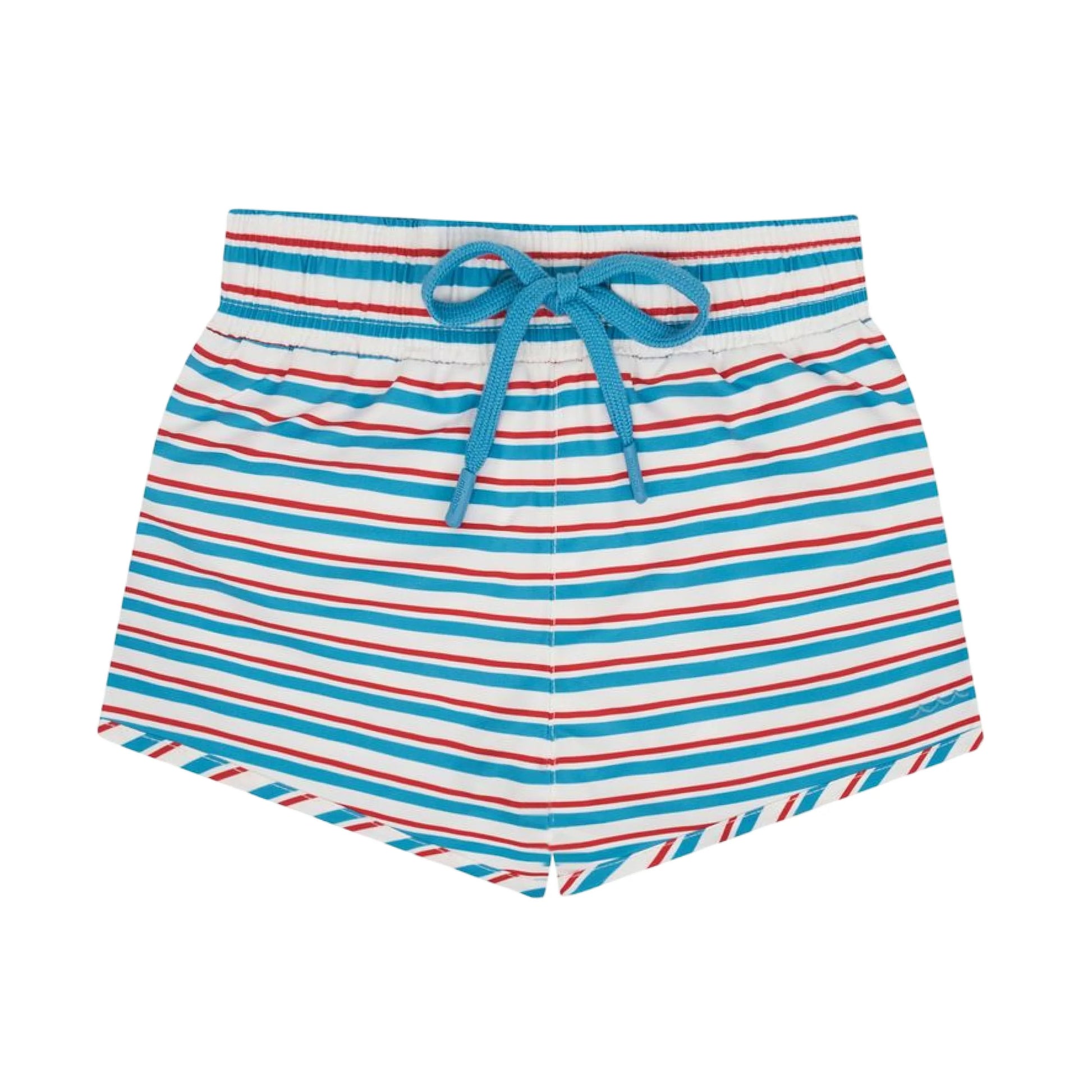 Boy wearing Minnow boys stripe boardie swim trunks, featuring colorful horizontal stripes and a comfortable fit.