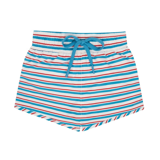 Boy wearing Minnow boys stripe boardie swim trunks, featuring colorful horizontal stripes and a comfortable fit.