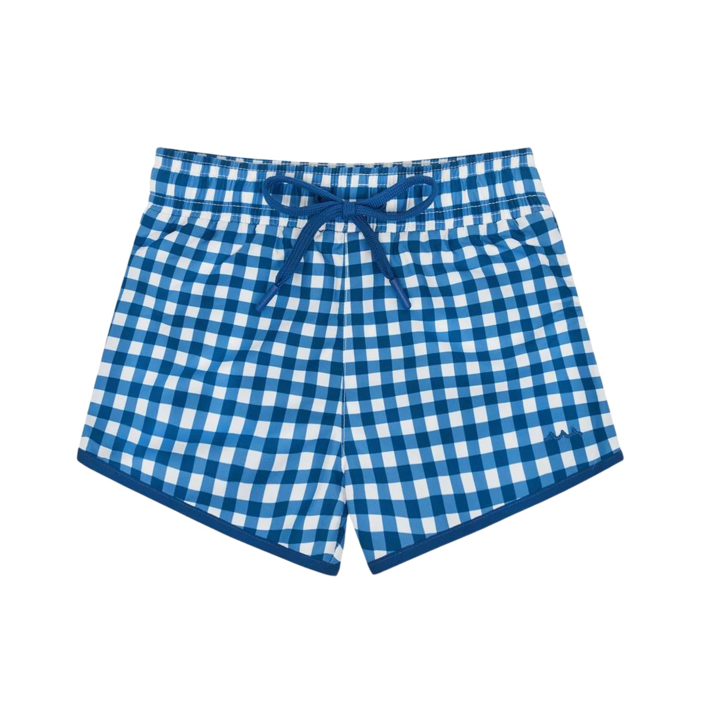 Boy wearing navy gingham board shorts by Minnow, showcasing a comfortable fit and stylish design.