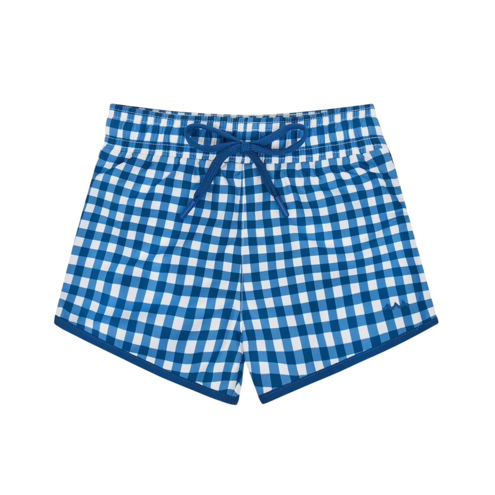 Boy wearing navy gingham board shorts by Minnow, showcasing a comfortable fit and stylish design.