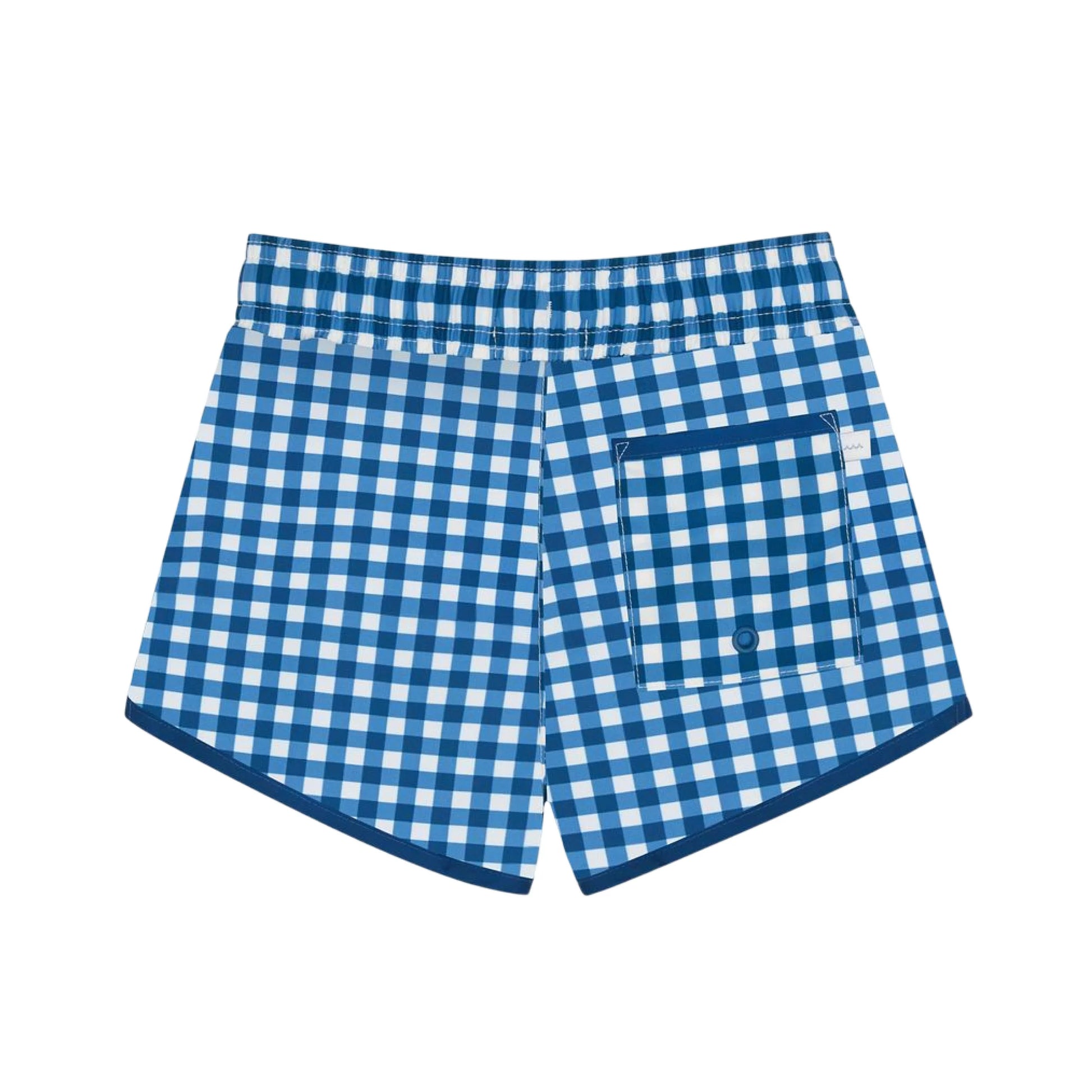 Boy's navy gingham board shorts by Minnow featuring a classic checkered pattern and elastic waistband for casual summer wear.