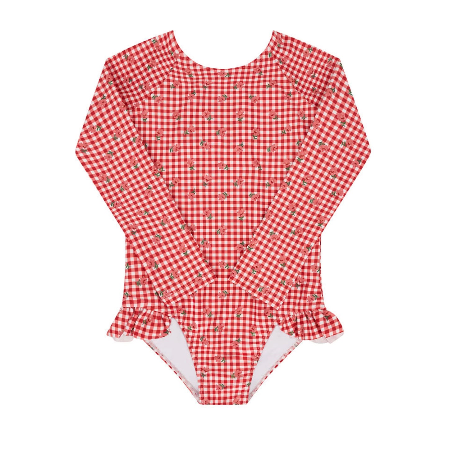Girls floral gingham rashguard one-piece by Minnow featuring colorful flower patterns and short sleeves for sun protection.