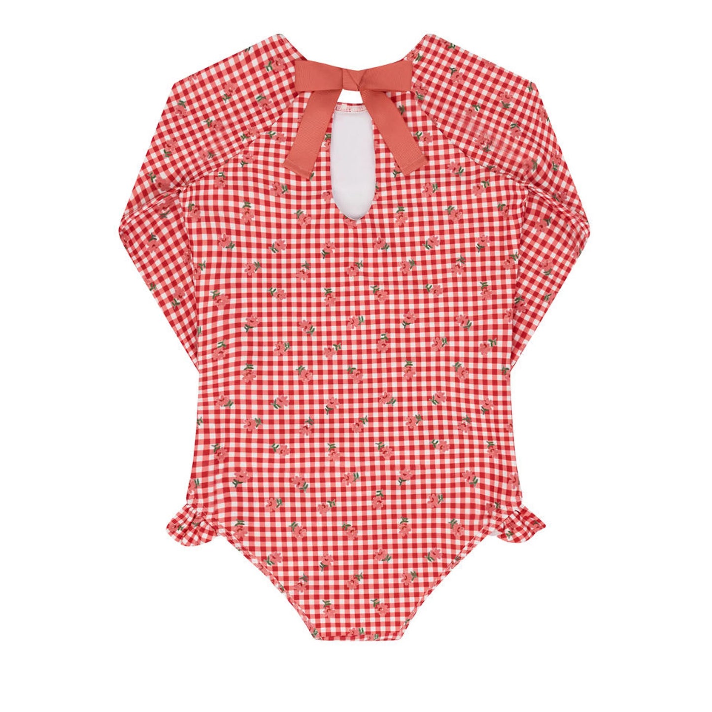 Girls floral gingham rashguard one-piece by Minnow featuring a colorful floral pattern and comfortable fit for active play.