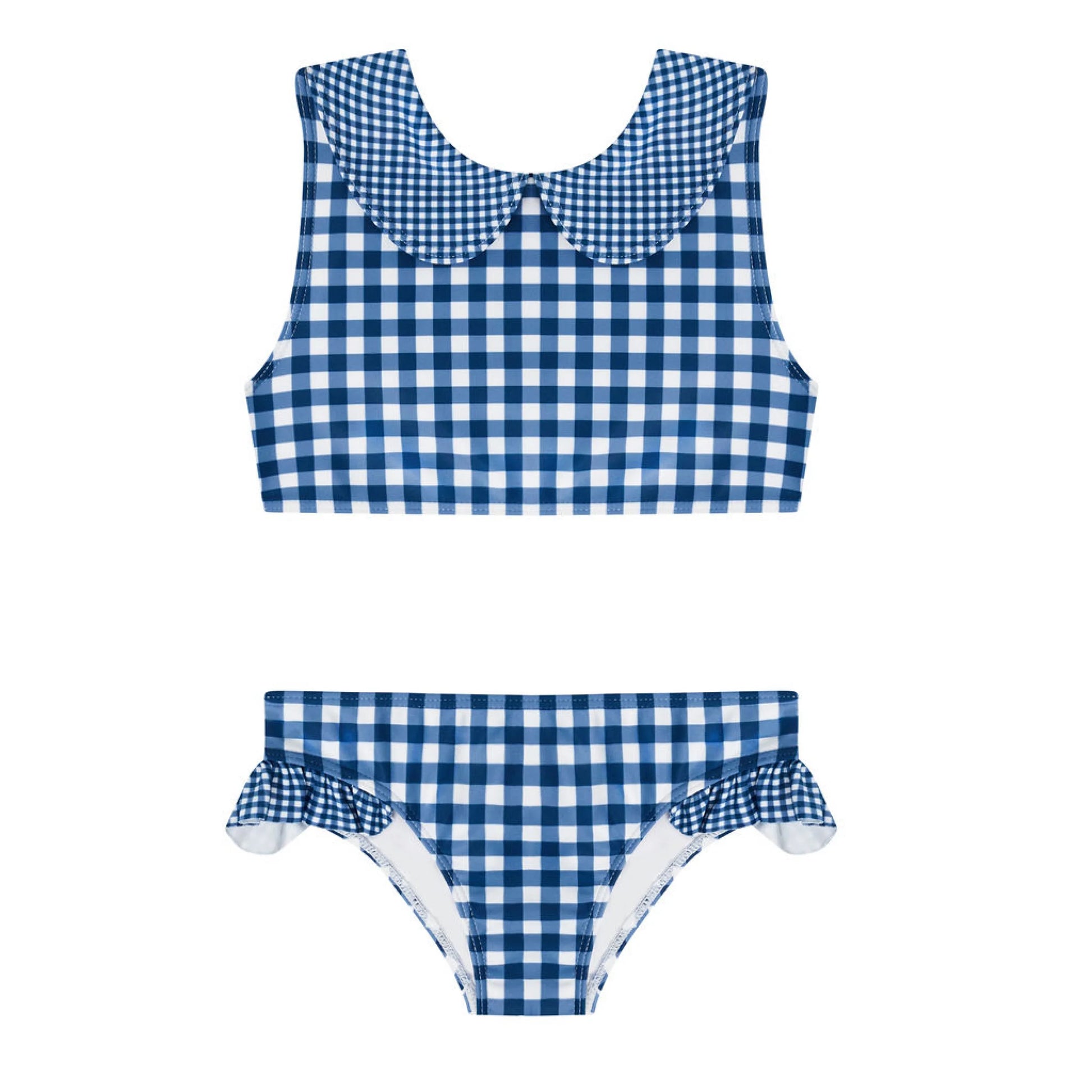 Girls navy gingham sailor bikini by Minnow, featuring a classic sailor style with navy and white gingham pattern, perfect for summer.