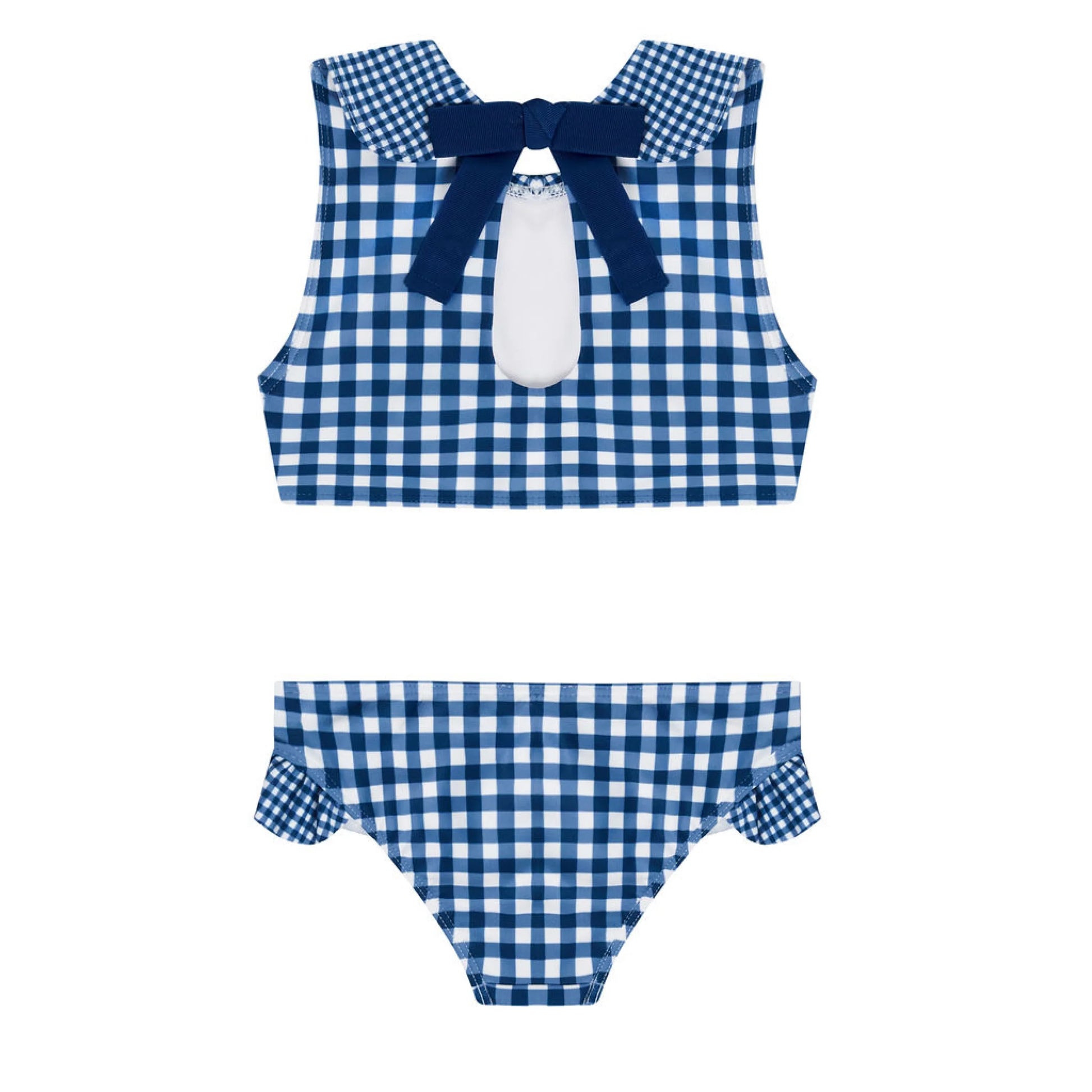 Girls navy gingham sailor bikini featuring a stylish neckline and bow detail, perfect for summer beachwear by Minnow.