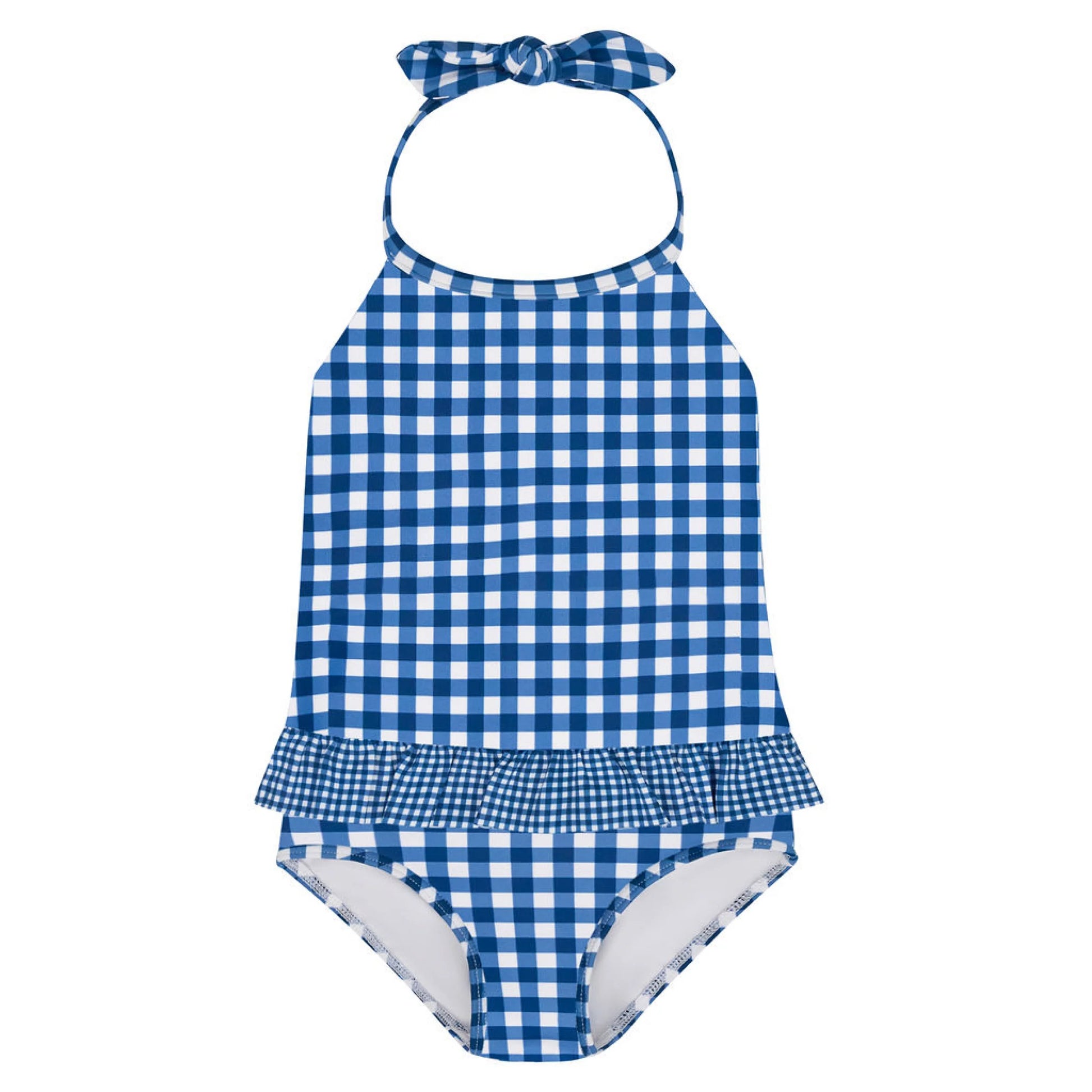 Girls navy gingham ruffle halter one-piece swimsuit by Minnow, featuring feminine ruffle details and a halter neckline.