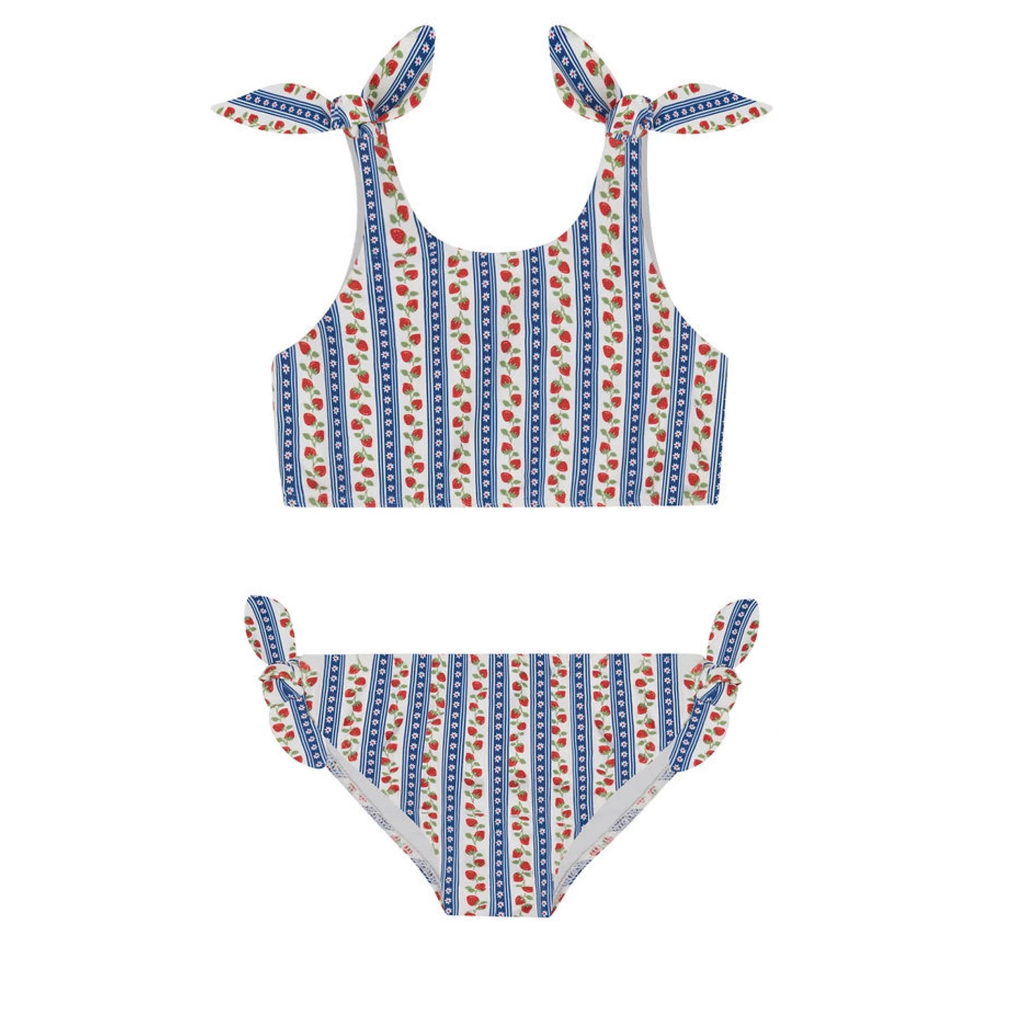 Girls strawberry fields tie knot bikini by Minnow featuring a colorful strawberry print and adjustable tie knot top.
