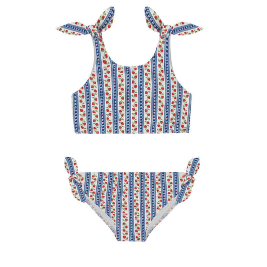 Girls strawberry fields tie knot bikini by Minnow featuring a colorful strawberry print and adjustable tie knot top.