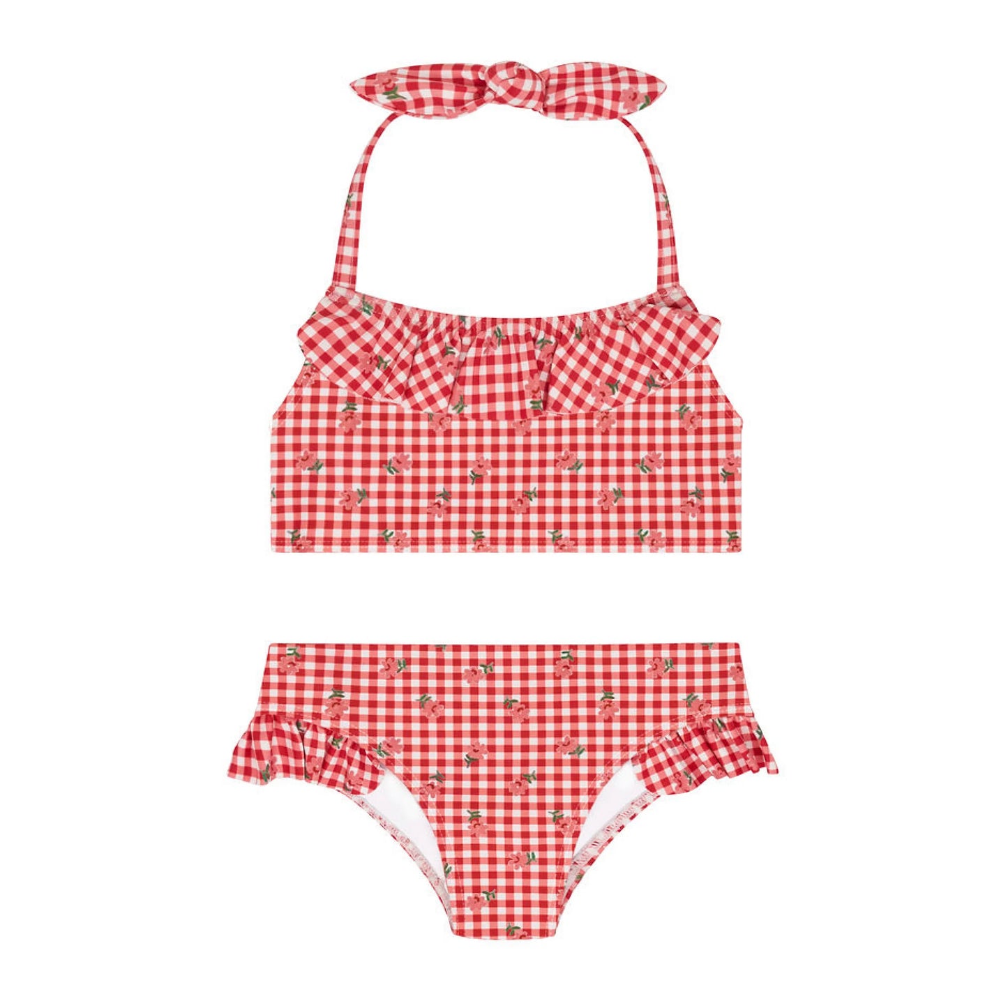 Girls floral gingham halter one-piece swimsuit by Minnow with scoop neck and floral print on lightweight fabric.