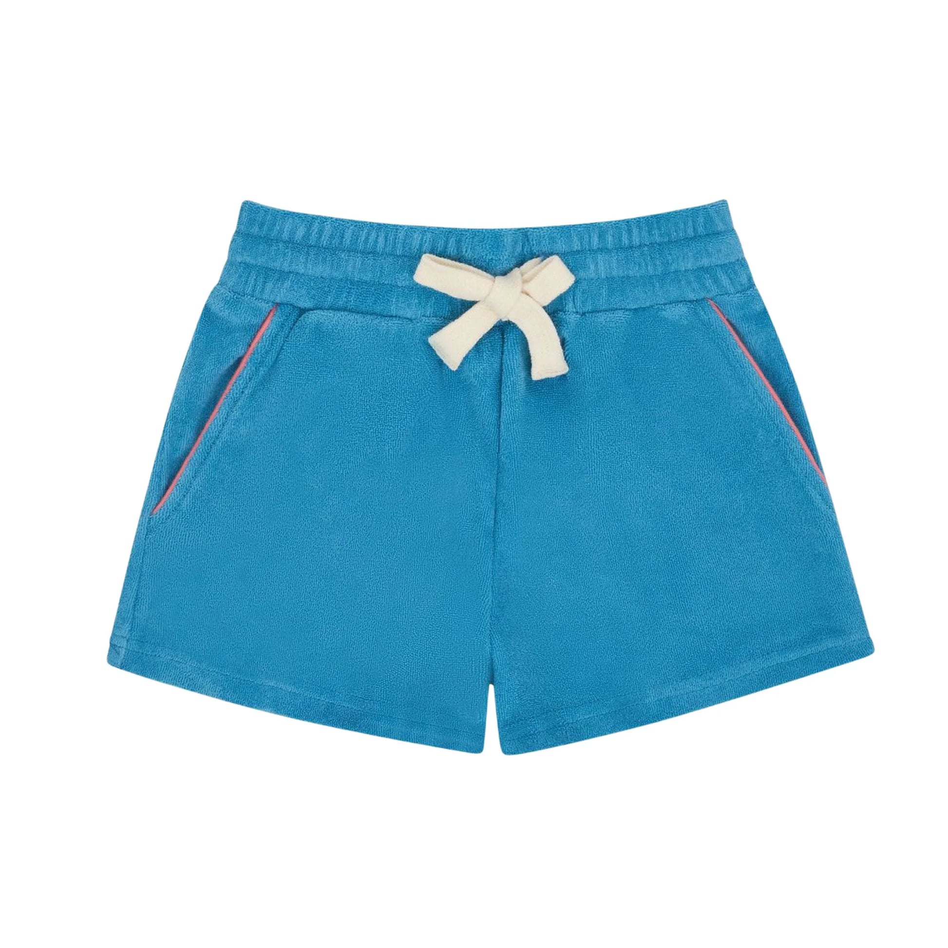 Minnow boys Niagara blue French terry shorts with an elastic waistband and relaxed fit, perfect for casual summer wear.