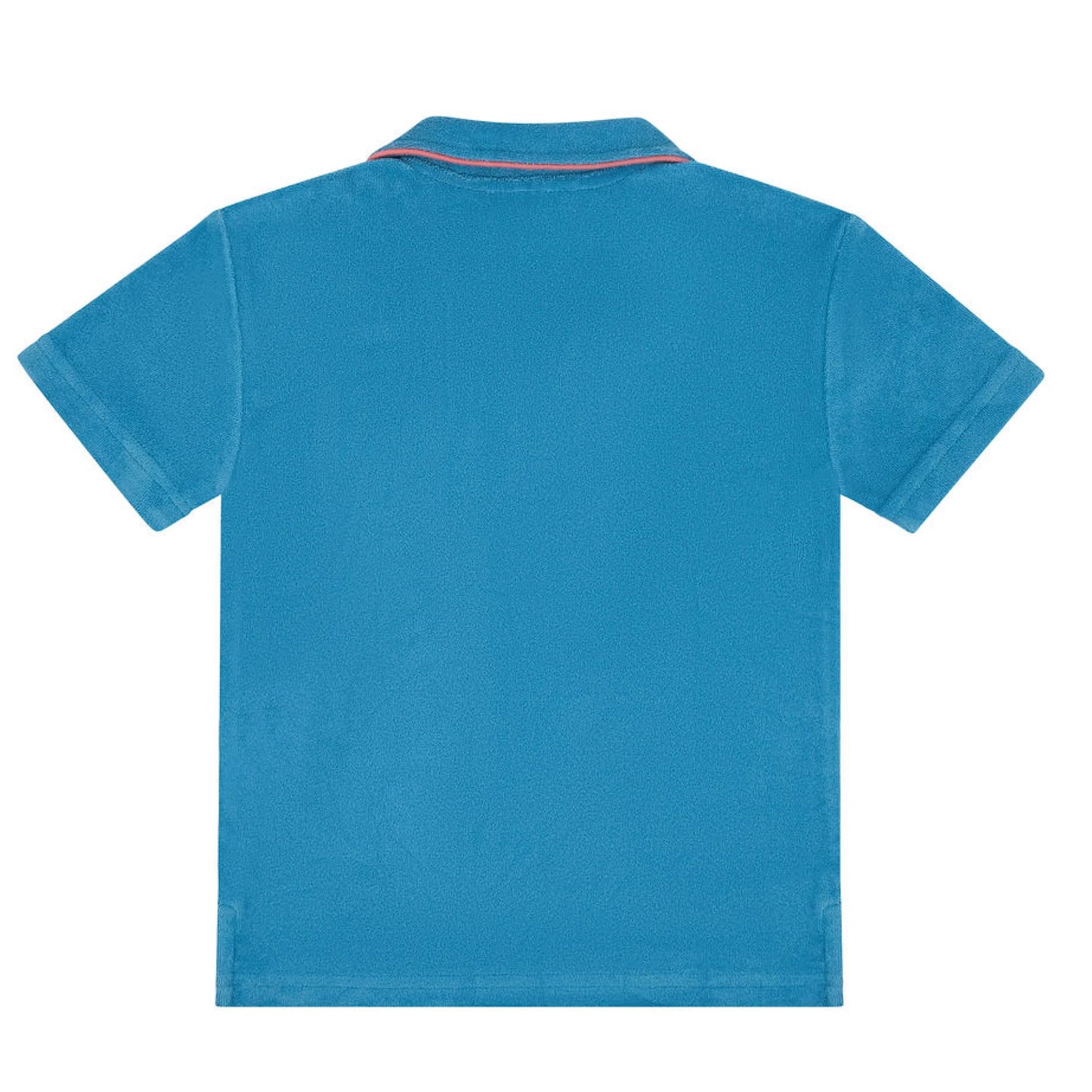Minnow boys Niagara French Terry polo shirt in blue, showing the relaxed fit and classic collar style.