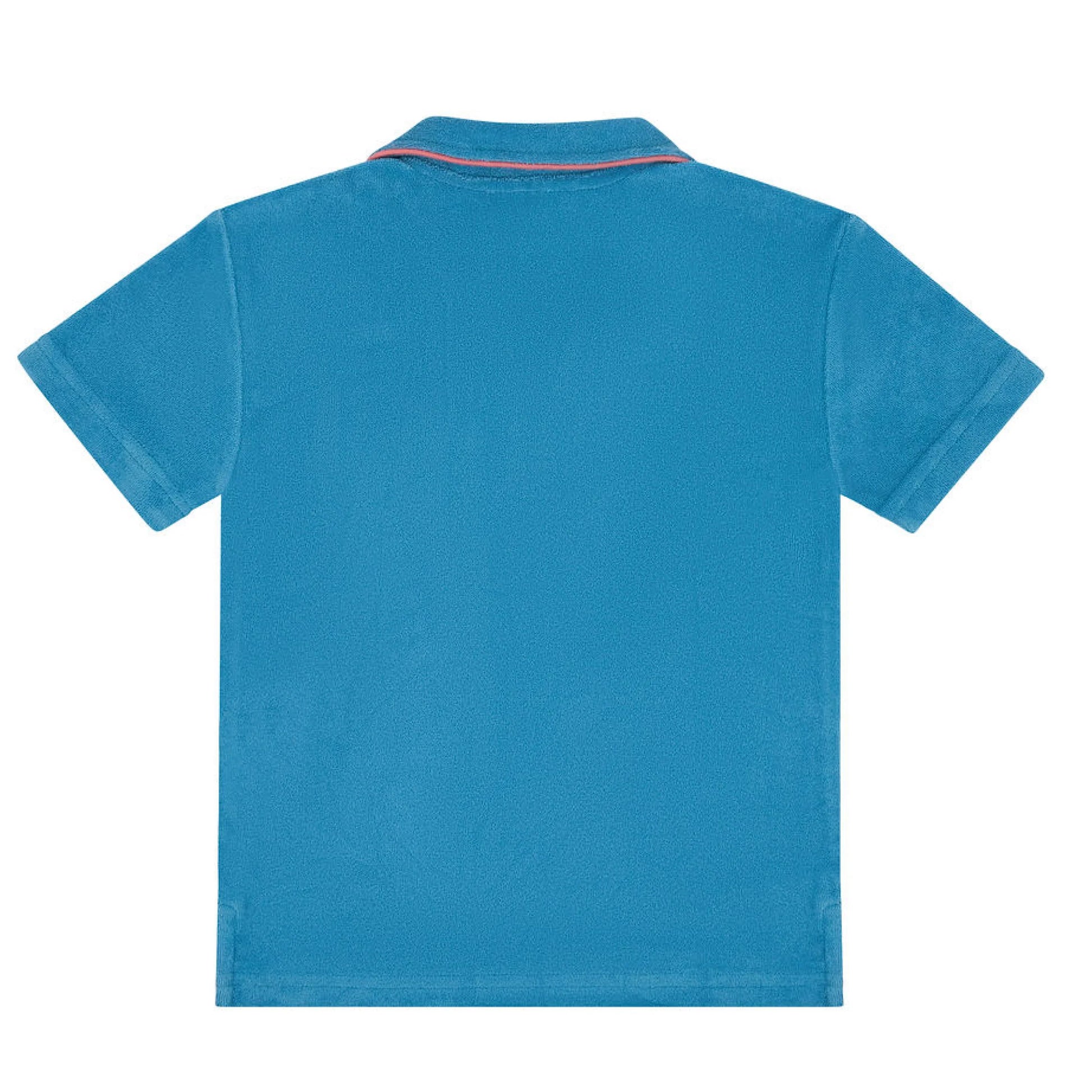 Minnow boys Niagara French Terry polo shirt in blue, showing the relaxed fit and classic collar style.