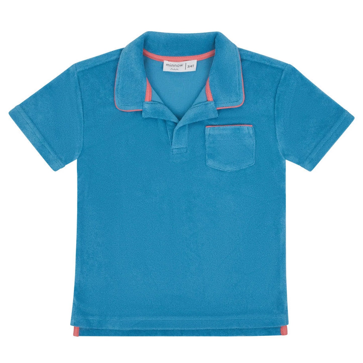 Minnow boys Niagara French terry polo shirt in navy with a classic collar and short sleeves, displayed on a hanger.