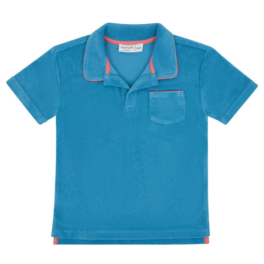Minnow boys Niagara French terry polo shirt in navy with a classic collar and short sleeves, displayed on a hanger.