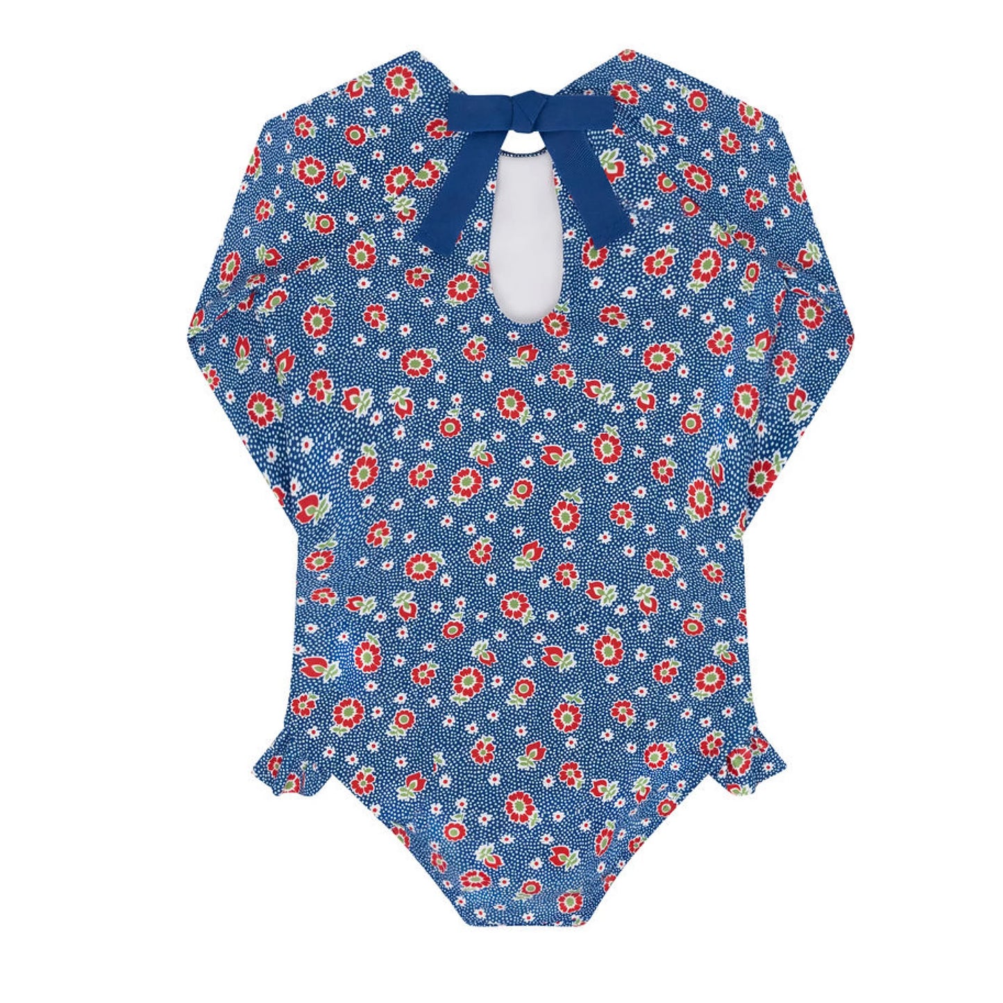 Girls navy floral rashguard one-piece by Minnow, featuring a colorful floral pattern and long sleeves for sun protection.