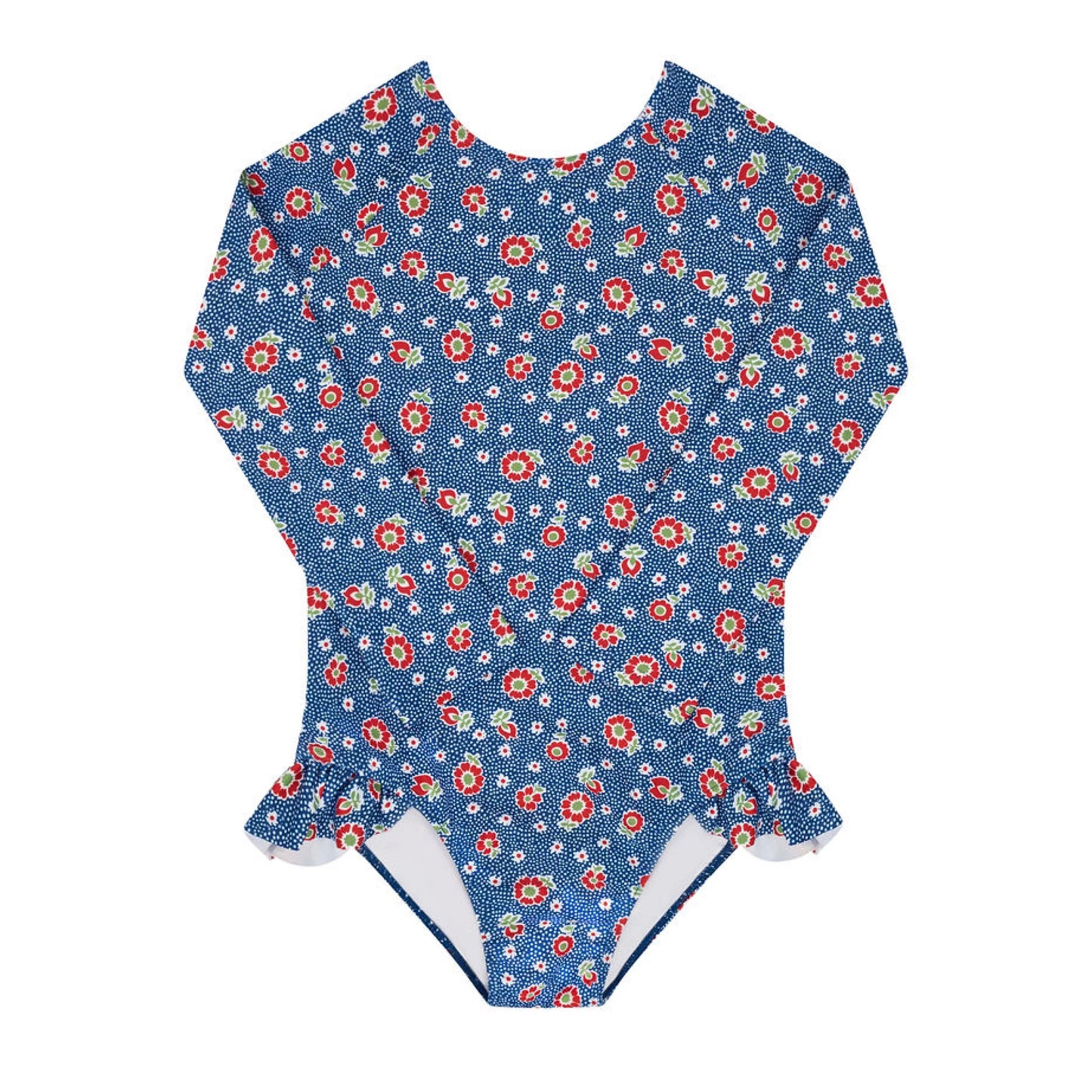 Girls navy floral rashguard one-piece by Minnow, featuring a stylish floral pattern and long sleeves for sun protection.