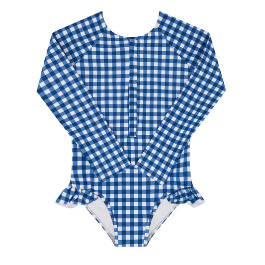 Girls' navy gingham rashguard one-piece by Minnow featuring front zipper and long sleeves, designed for swimming and water activities.