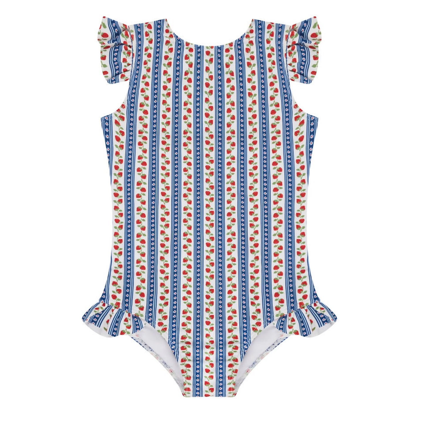 Girls' strawberry fields ruffle cap sleeve one-piece swimsuit by Minnow, featuring pink strawberry print and cute ruffle details.