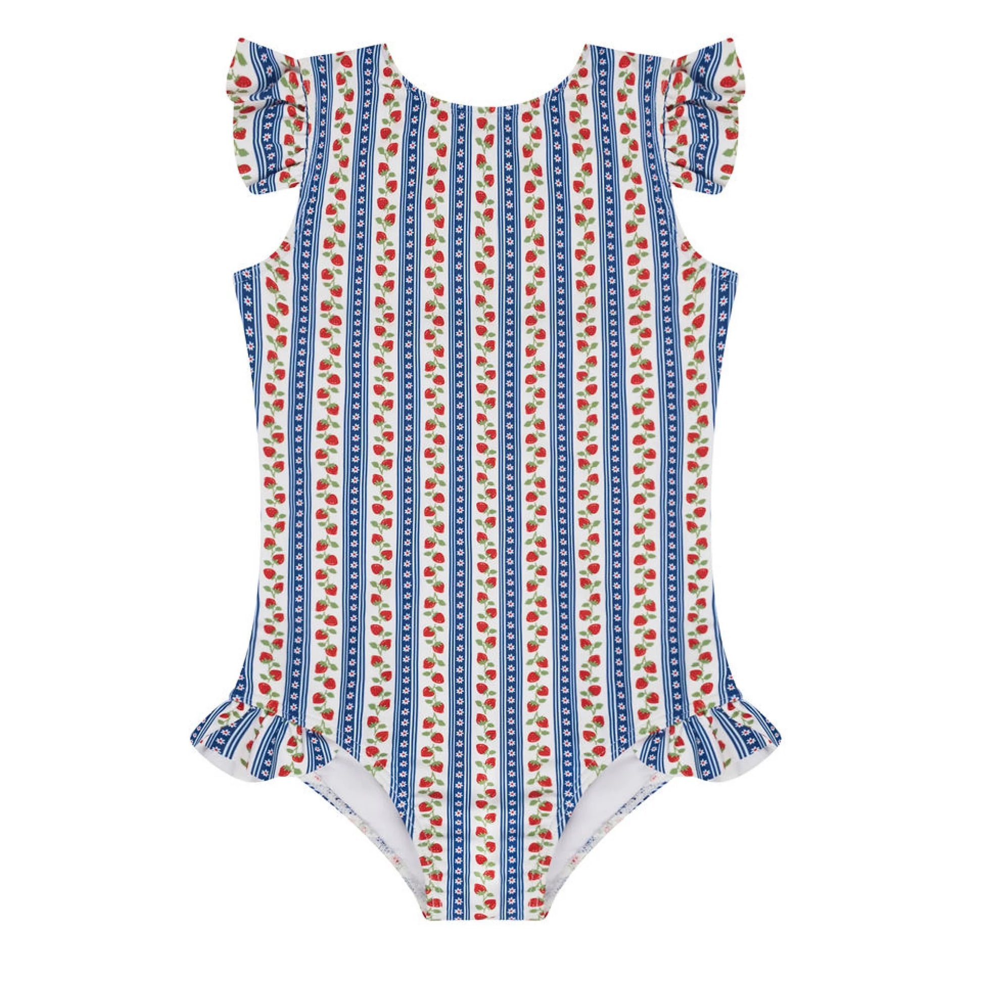 Girls' strawberry fields ruffle cap sleeve one-piece swimsuit by Minnow, featuring pink strawberry print and cute ruffle details.