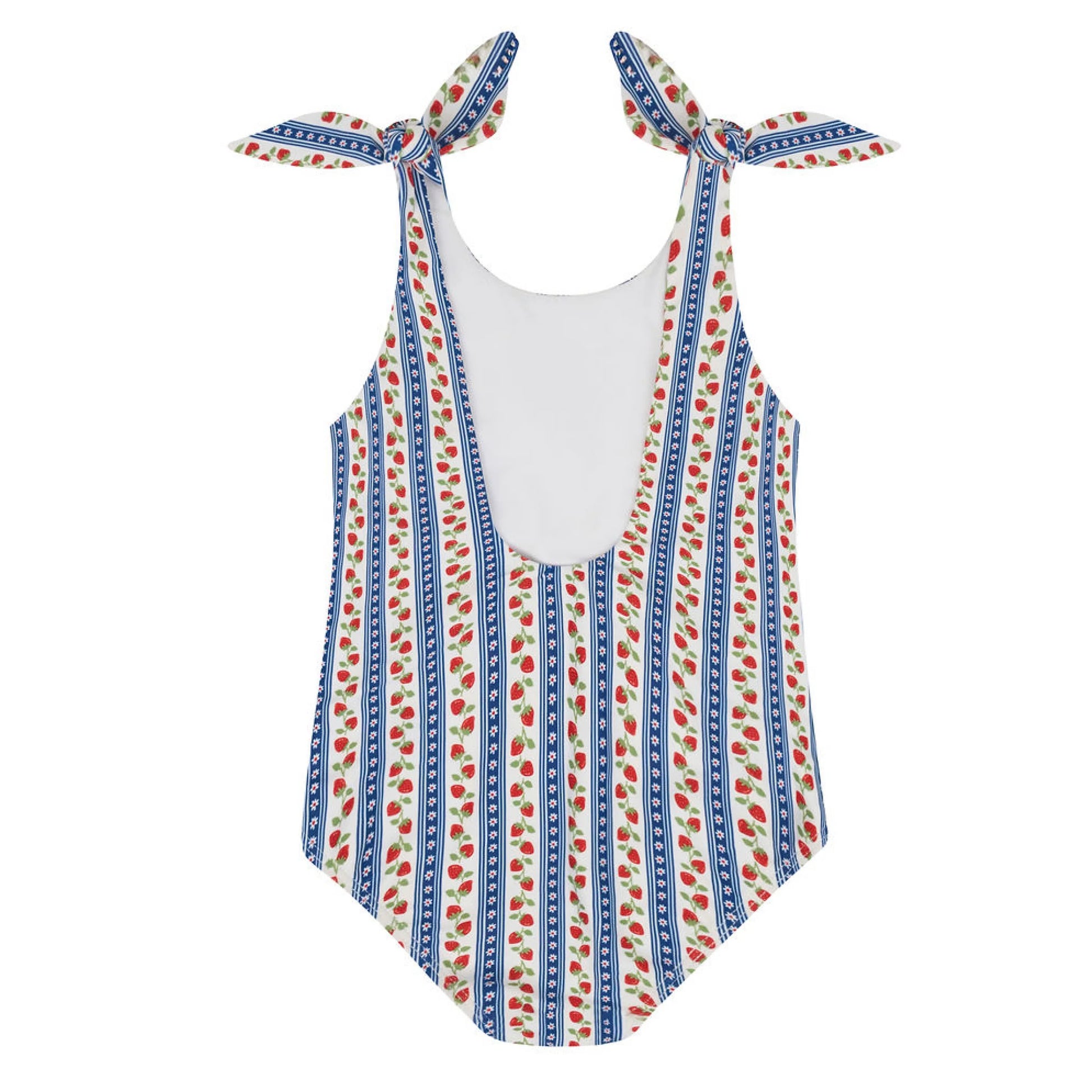 Girls' Strawberry Fields tie knot one-piece swimsuit by Minnow, featuring a colorful strawberry print and adjustable straps.