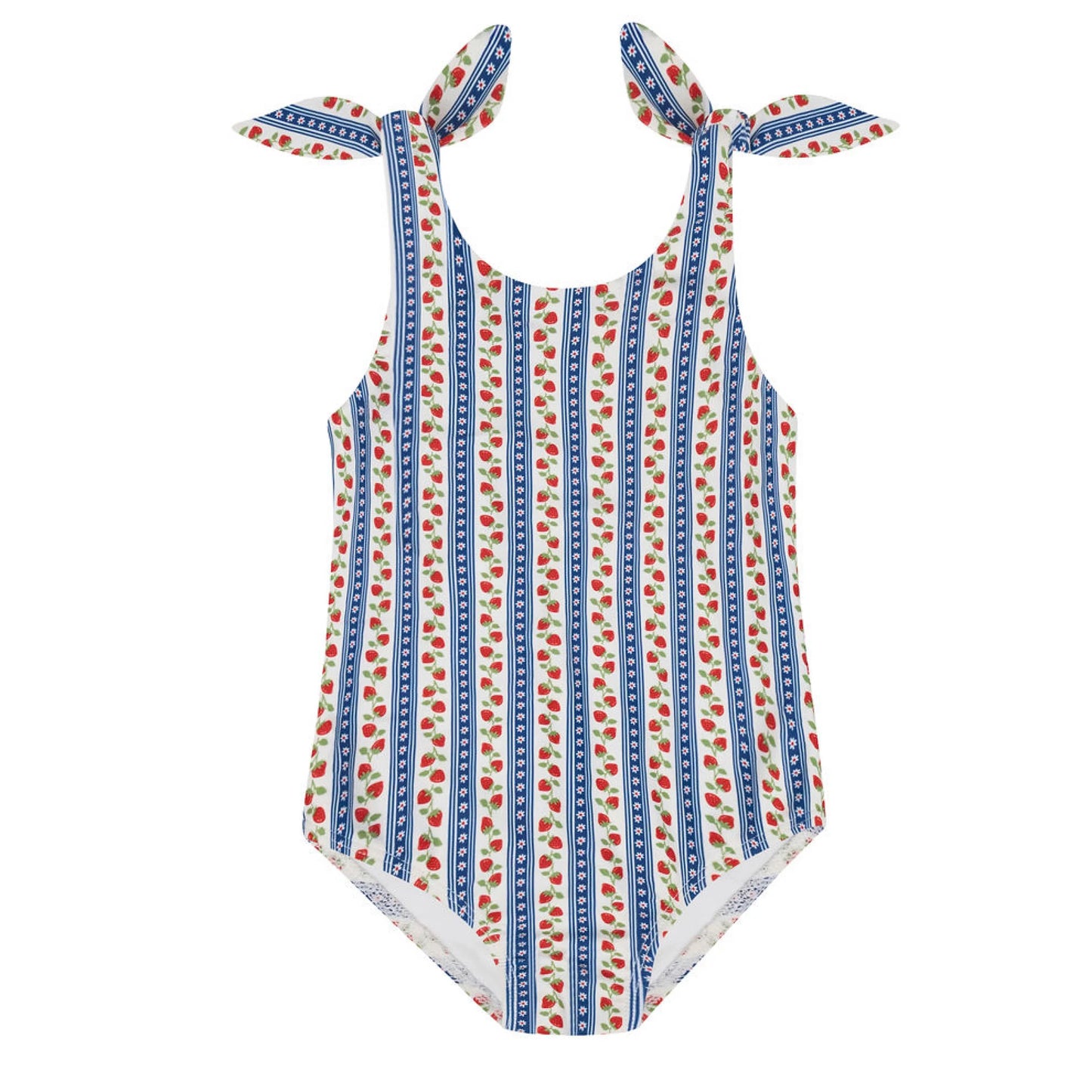Girls' Strawberry Fields tie knot one-piece by Minnow, featuring a colorful strawberry pattern and tied knot design, perfect for summer wear.